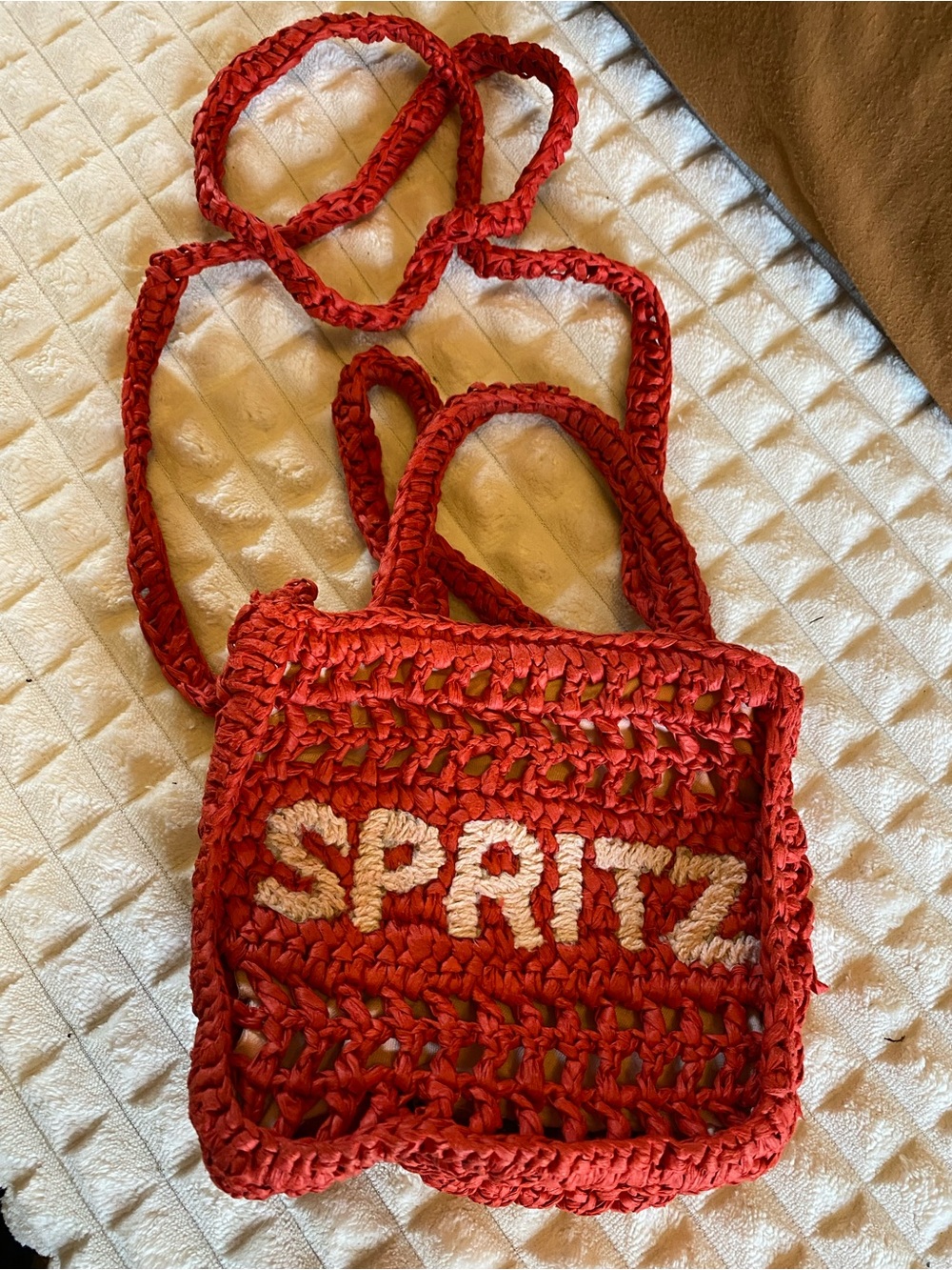 Red Spritz Crochet Crossbody Tote with Cream Lettering